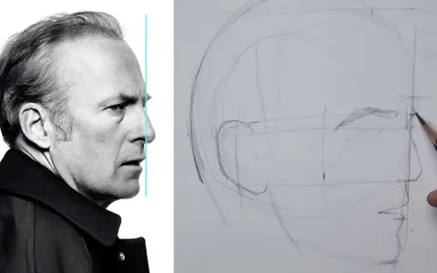 Guía visual para aprender como hacer un retrato. Muestra un rostro de perfil y un boceto inicial de un retrato.