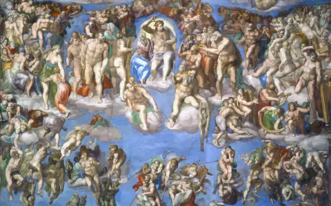 Detalle del Juicio Final, obra maestra que revela quién pintó la Capilla Sixtina: Miguel Ángel. Figuras celestiales y humanas en un cielo azul vibrante.