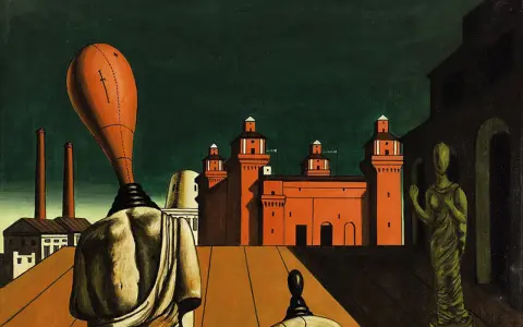 Paisaje metafísico de Giorgio de Chirico con estatuas y edificios arquitectónicos bajo un cielo oscuro.