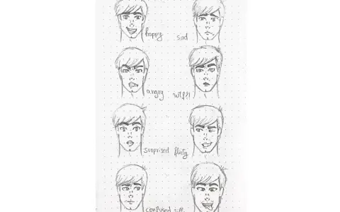Dibujo de expresiones faciales de un chico: feliz, triste, enojado, sorprendido, coqueto, confundido y tonto.