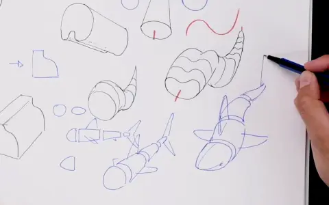 Bocetos de tiburones y formas geométricas, parte de ejercicios de dibujo.