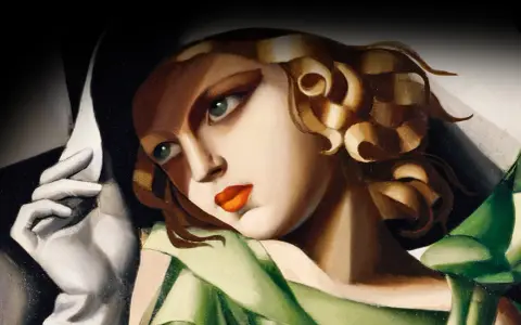 Retrato de mujer con sombrero y guantes blancos, al estilo de Tamara de Lempicka. Ojos verdes intensos y labios rojos vibrantes.
