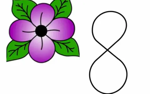 Un dibujo fácil de flores moradas con hojas verdes, junto a un símbolo de infinito.