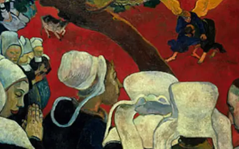 Visión de Jacob por Paul Gauguin: mujeres bretonas rezan ante un ángel luchando con Jacob.