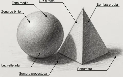 Esfera y pirámide con etiquetas que explican cómo hacer sombras, mostrando luz directa, tono medio, zona de brillo, luz reflejada, sombra proyectada, sombra propia y penumbra.