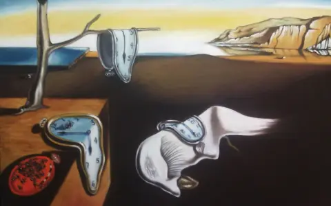 Relojes blandos, un paisaje desolado y una figura extraña, todo evoca el surrealismo de Salvador Dalí.