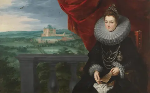 Retrato de dama con gran gorguera, joyas y abanico, con un paisaje de palacio al fondo, obra de Peter Paul Rubens.
