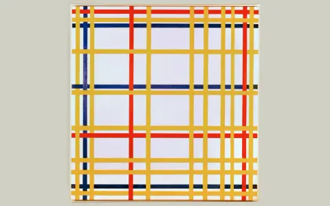 Composición abstracta con líneas amarillas, rojas y azules creando un patrón de movimiento en squares sobre fondo blanco.