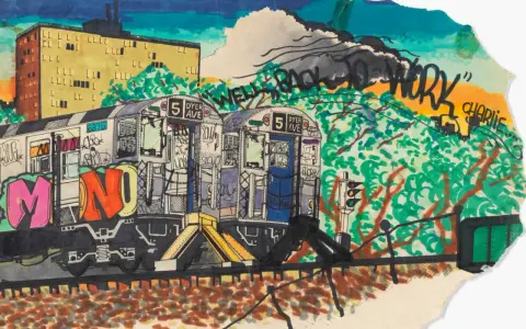 Un tren del metro cubierto de grafitis, un capítulo vibrante de la historia del graffiti, avanza bajo un cielo nublado.