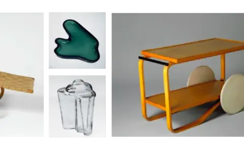 Iconos del diseño: tumbona, objetos de cristal y carritos, junto a sillas famosas de arquitectos.