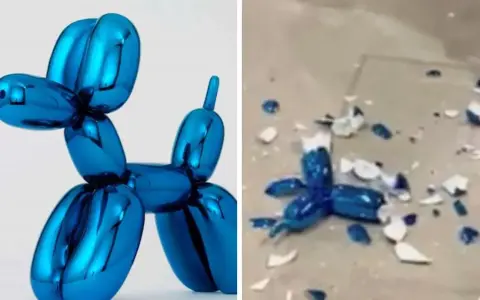 El icónico perro globo azul de Jeff Koons, intacto a la izquierda, destrozado a la derecha.