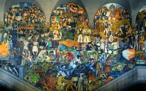 Detalle de los **Diego Rivera murales** que narran la historia de México, con escenas de batallas, figuras históricas y símbolos nacionales.