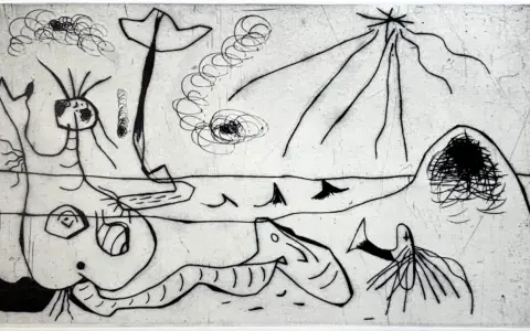 Un grabado en arte con figuras abstractas y marinas, como un pez alargado y criaturas fantásticas, en un estilo surrealista.