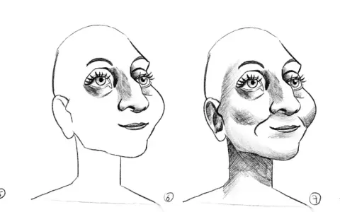Cuatro rostros en diferentes estilos de caricaturas, mostrando la evolución de un boceto a un retrato detallado con cabello.