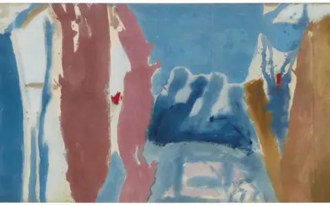 Pintura abstracta con tonos azules y rosados que evocan la inmensidad de las montañas y la calma del mar.