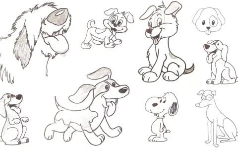 Colección de dibujos de animales a lápiz fáciles de hacer, mostrando varios cachorros juguetones y sonrientes.