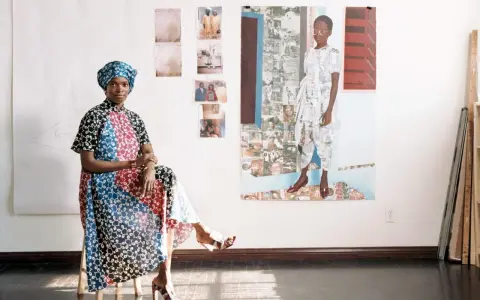Njideka Akunyili Crosby, sentada en un taburete, luce un vestido vibrante y un turbante. Detrás, obras de arte y fotos familiares adornan la pared.