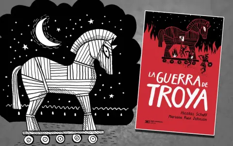 Ilustración de un caballo de Troya bajo la luna, con un libro que resume la Iliada y la Guerra de Troya.