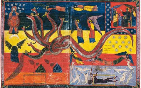 Pintura al temple de un dragón de siete cabezas luchando contra ángeles y almas.