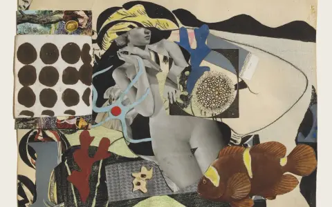 Collage surrealista con figura femenina, pez payaso y elementos marinos. ¡Ideas para hacer collages inspiradoras!