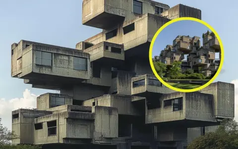 Edificio de hormigón apilado, un ejemplo de que es el brutalismo. La imagen muestra la arquitectura de Habitat 67 en Montreal.