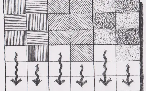 Dibujo a mano alzada de un patrón de cuadrados con diferentes texturas y flechas onduladas apuntando hacia abajo.