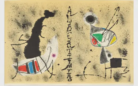 Composición abstracta con figuras biomórficas y trazos enérgicos, evocando el estilo de Joan Miró.