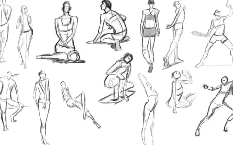 Un boceto rápido de figuras humanas en diversas poses, capturando la esencia del movimiento. Un dibujo en movimiento que muestra la fluidez de la anatomía.