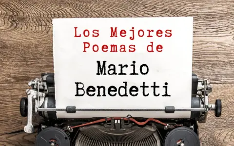 Máquina de escribir con un papel que dice "Los Mejores Poemas de Mario Benedetti".