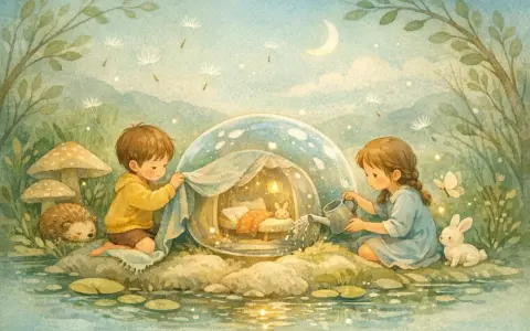 Niños cuidan un conejito en una burbuja mágica, como en cuentos con moraleja. Un erizo y setas observan.