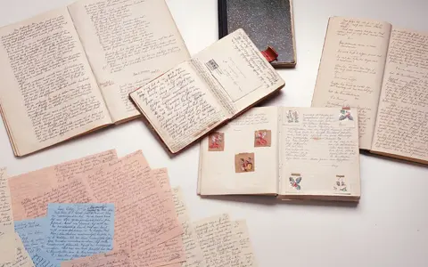 Manuscritos y diarios abiertos, como el diario de Ana Frank resumen, con escritura a mano y pequeñas ilustraciones.