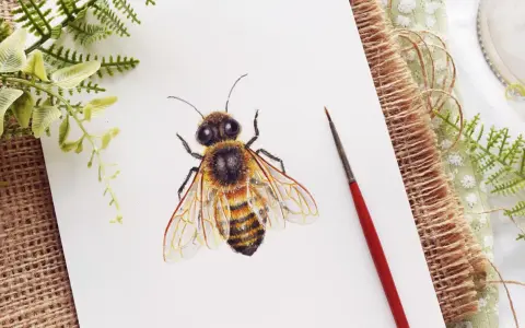 Abeja dibujo realista con detalles en acuarela sobre papel blanco, rodeada de vegetación y un pincel.