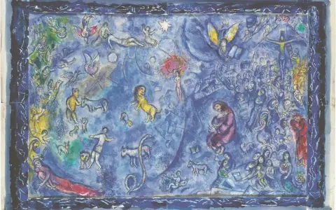 Escena onírica de **Marc Chagall** con figuras celestiales, animales y multitudes en tonos azules.