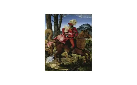 Cabalgata de la Muerte, obra de Hans Baldung Grien. Un jinete con atuendo rojo abraza a una dama, mientras la Muerte, un esqueleto, los acompaña.