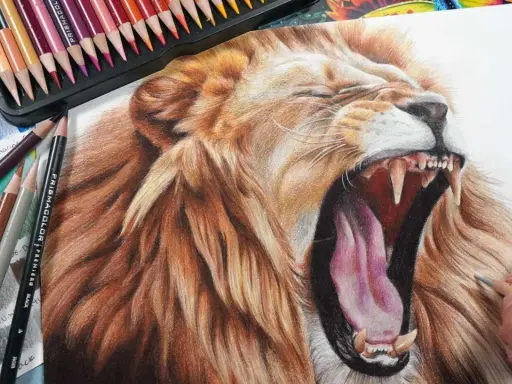 Impresionantes dibujos de animales realistas a color, un león rugiendo con detalle asombroso, rodeado de lápices de colores.