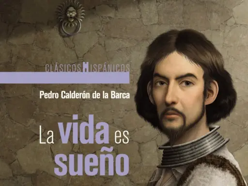 Retrato de Pedro Calderón de la Barca, autor de "La vida es sueño resumen". El fondo es una pared de piedra con un león decorativo.