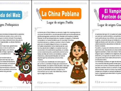 Leyendas para niños: La Leyenda del Maíz, La China Poblana y El Vampiro del Panteón de Belén. Ilustraciones coloridas acompañan estas historias.