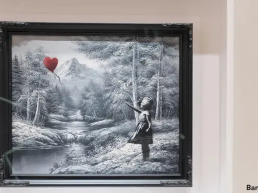Niña con globo en forma de corazón, en un paisaje nevado con montañas y un río.