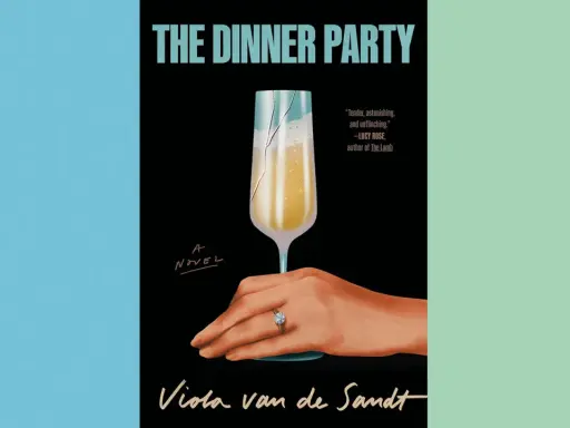 La portada del libro "The Dinner Party" de Viola van de Sandt muestra una mano con un anillo sosteniendo una copa de champán rota.