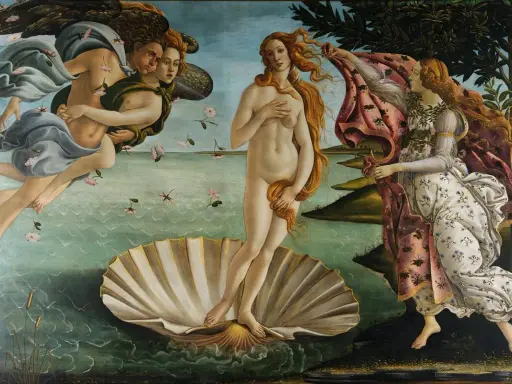 El Nacimiento de Venus, uno de los cuadros de museos famosos, muestra a Venus en una concha, con Céfiro y una ninfa a su lado.