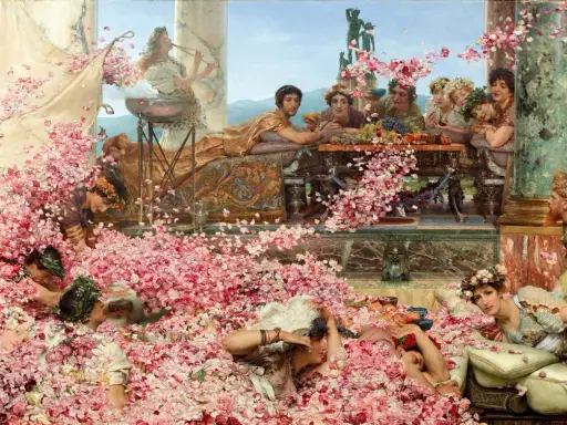 Una escena de opulencia romana, con gente sumergida en pétalos de rosa, obra de John Everett Millais.