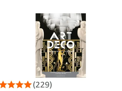 Portada de libro "Art Deco Complete" con figuras estilizadas y motivos dorados, evocando el glamour de la época.