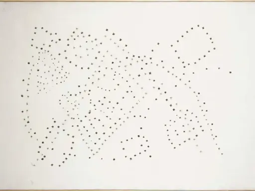 Un concepto espacial de puntos y estrellas que forman constelaciones abstractas, evocando la espera y la inmensidad.