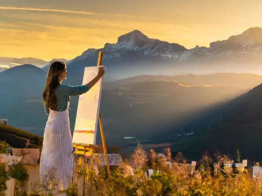 Artista realiza pintura plein air de montañas al atardecer.