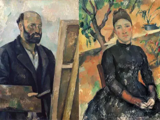 Dos retratos de Paul Cézanne: un hombre con barba y paleta, y una mujer con vestido negro en un jardín.