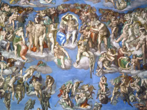 Detalle del Juicio Final, obra maestra que revela quién pintó la Capilla Sixtina: Miguel Ángel. Figuras celestiales y humanas en un cielo azul vibrante.
