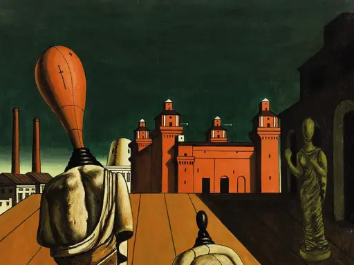 Paisaje metafísico de Giorgio de Chirico con estatuas y edificios arquitectónicos bajo un cielo oscuro.