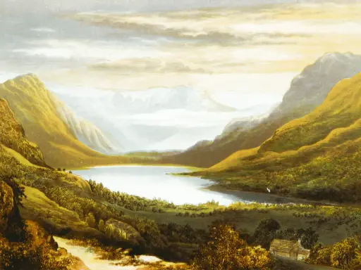 Un lago sereno entre montañas doradas, ideal para paisajes para dibujar realistas. Nubes tenues y una casa solitaria añaden detalle.
