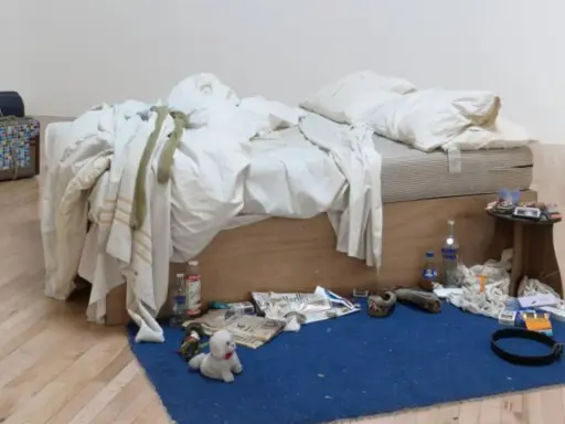 La cama deshecha de Tracey Emin, rodeada de objetos personales, botellas y maletas, evoca una historia de vida.