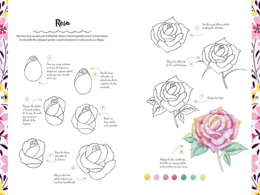 Guía para dibujar flores paso a paso: aprende a trazar una rosa desde cero, añadiendo pétalos, tallos y hojas hasta lograr un dibujo detallado y coloreado.